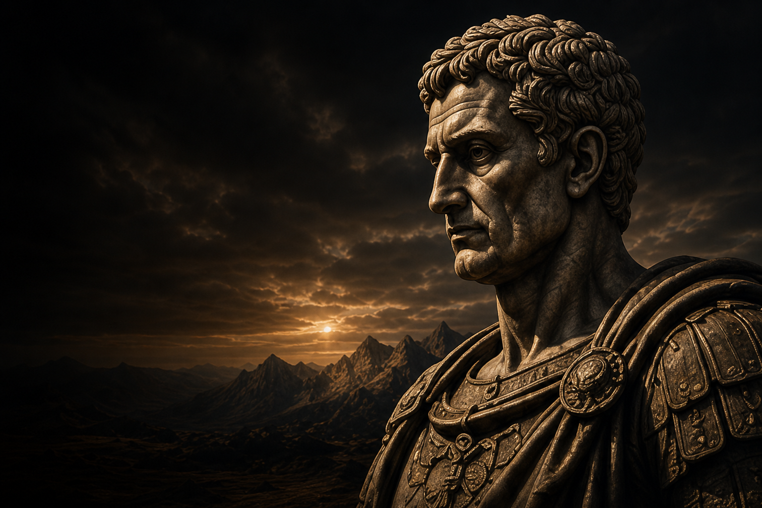 Roman emperor statue at sunset